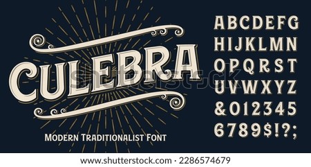 Culebra is a traditional old style alphabet with stylized inline and shadow effects. Good for logos, tattoo shops, metalworkers, sign painters.