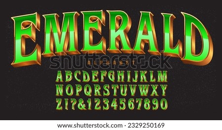 An elegant 3d lettering alphabet with the effect of emerald jewel in a gold metallic setting