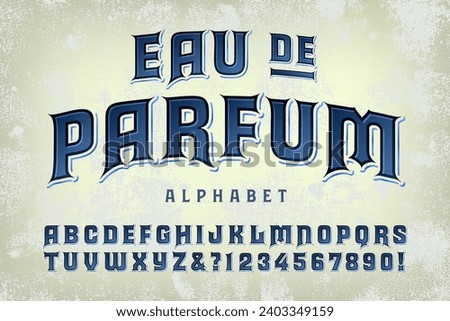 Eau de Parfum is an antique style alphabet with elegance and panache. Would make a good logo lettering style for high end boutique products.