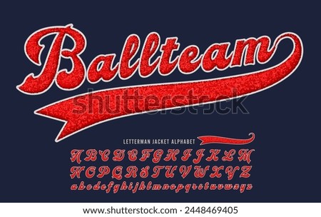 Ballteam is a script 3d effect chenille fabric alphabet in the style of wool varsity letter jackets.