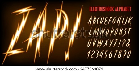 Zap! is an all-capitals and numerals alphabet with the effect of electrical arcs or lighting bolts.