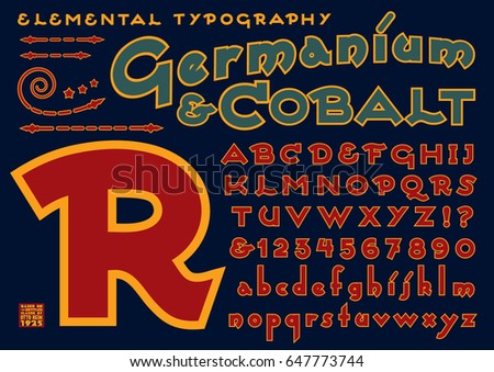 Germanium & Cobalt is an a modern reinterpretation of a public domain typeface designed by Otto Heim in 1925. This file includes all capitals, numerals, some punctuation, and design elements.
