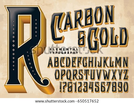 Carbon & Gold is a vintage style typeface with ornate elements and depth. This file includes all capitals, numerals, some punctuation, and design elements.