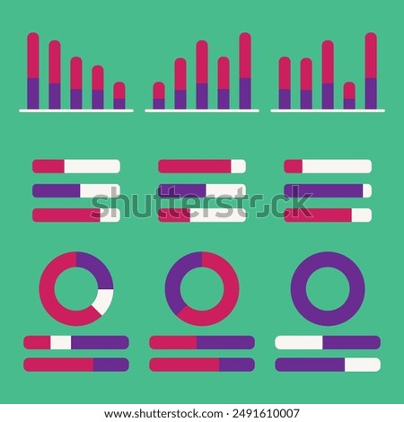 Set of vector illustrations of data analytics. Graphs, bar and pie chart with colors. Can be used in presentation and poster.