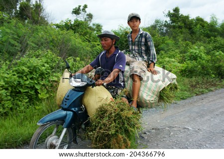 MEJKONG DELTA, VIETNAM, JULY 8: Overload transfer by motorcycle on country road, man carry chidren and bag of grass moving on pathway, the boy sit in unsafe situation, Viet Nam, July 8, 2014
