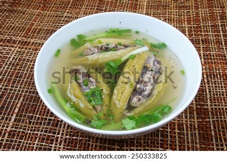 Vietnamese food, soup of bitter melon stuffed with ground meat, a nutrition, popular dish in Vietnam meal, bitter gourd rich vitamin, can anti diabetes, season with spring onion, peziza.