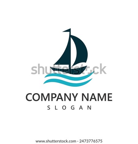 Sail Boat Ship and sea wave for Ocean Sailing Adventure Travel Trip Transportation logo