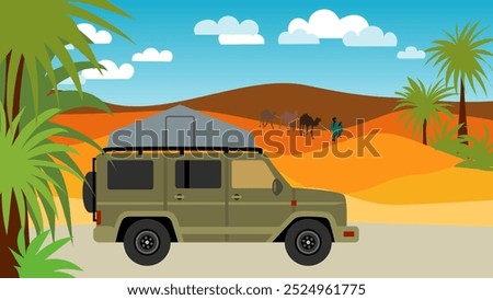 Illustration of an off-road vehicle driving in a desert with a roof tent. A caravan and palm trees can be seen in the background.