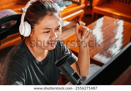 Similar – Image, Stock Photo Positive female radio host in studio