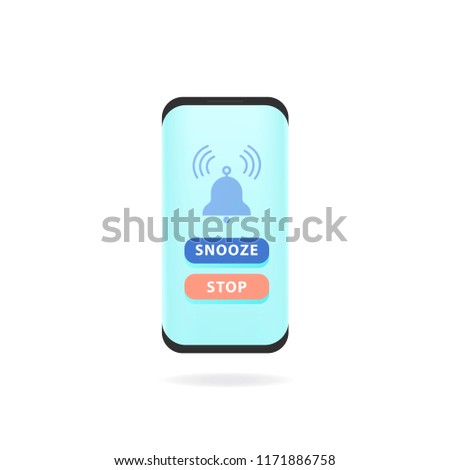 Smart phone alarm clock. Vector illustration phone with app alarm clock on the screen and snooze and stop button