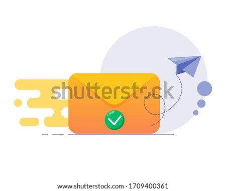 Email sent concept. Email marketing campaign. New email message. Envelope flying modern icon with green check mark icon 