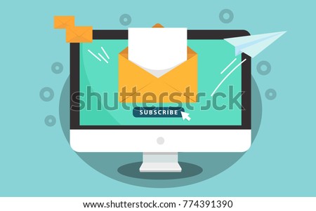Subscribe to newsletter concept. Subscribe button with the cursor on the computer screen. Open message with the document. Paper airplane icon. Vector illustration