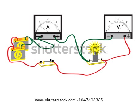 The electrical circuit consisting of connected: consumer - a bulb, voltmeter for measuring voltage and an ammeter for measuring the current in the circuit.