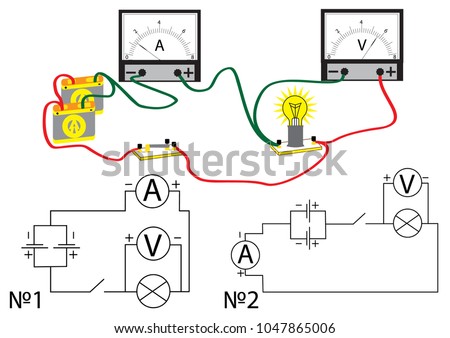 The electrical circuit consisting of connected: consumer - a bulb, voltmeter for measuring voltage and an ammeter for measuring the current in the circuit.