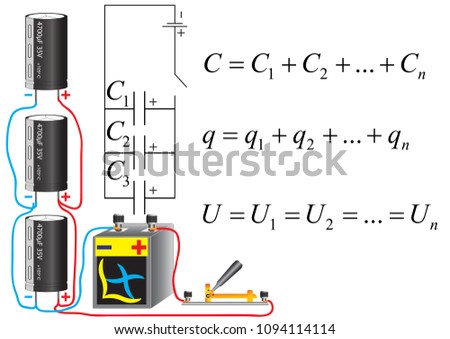 The electrical scheme of the parallel connection of capacitors, physical formulas for calculating the parameters of the battery.