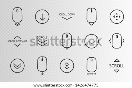 Scroll down icon. Scrolling mouse symbol for web design isolated on transparent background. Modern vector illustration.