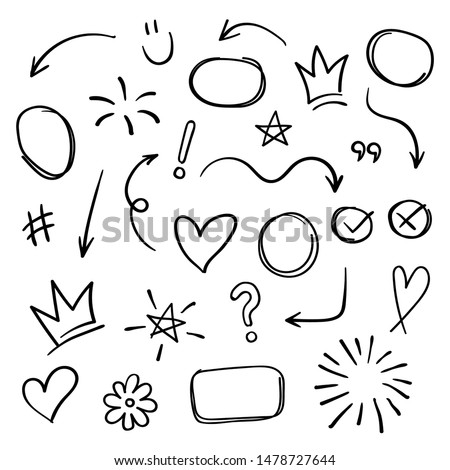 Super set different hand drawn element. Collection of arrows, crowns, circles, doodles on white background. Signs for design. Line art.