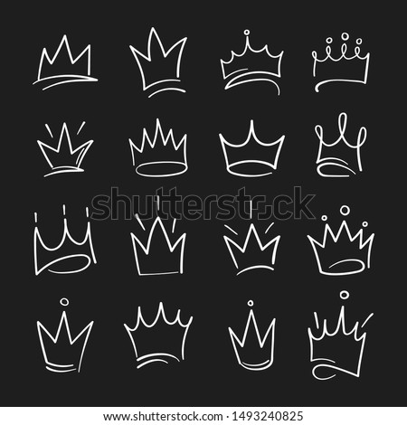 Hand drawn crowns logo set for queen icon, princess diadem symbol, doodle illustration, pop art element, beauty and fashion shopping concept.
