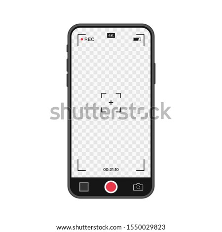 Mobile phone with record frame camera. Viewfinder template. 4K phone resolution video rec frame. Video recording screen. Vector graphic design.