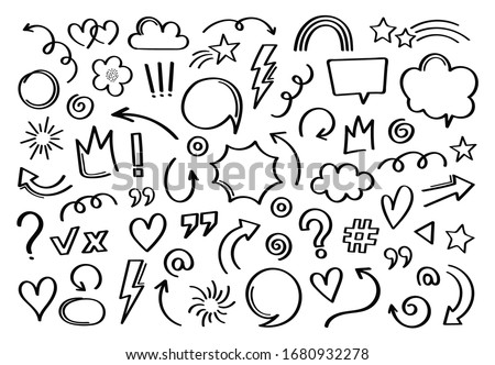 Super set different hand drawn element. Collection of arrows, crowns, circles, doodles on white background. Vector graphic design.