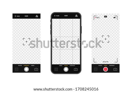 Mobile phone with camera interface. Mobile app application. Photo and video screen. Vector illustration graphic design.
