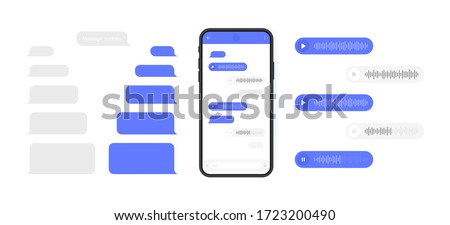 Social media design concept. Smart Phone with messenger chat screen and voice wave. Sms template bubbles for compose dialogues. Modern vector illustration flat style.