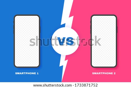 Comparison of two different smartphones. VS background with lightning bolt for comparison. Vector illustration.