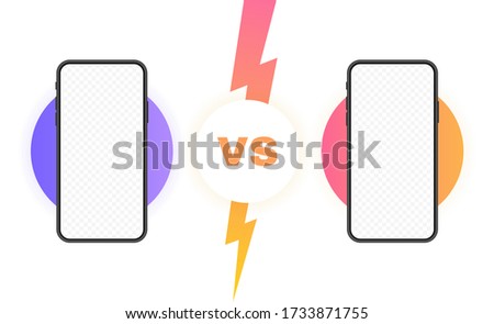 Comparison of two different smartphones. VS background with lightning bolt for comparison. Vector illustration.