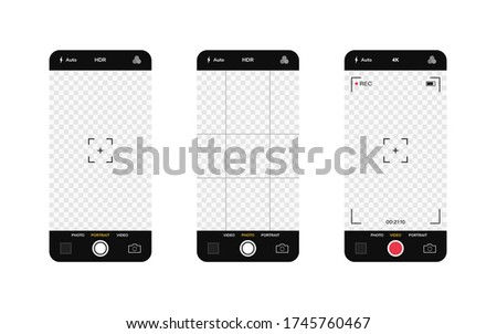 Phone camera interface. Mobile app application. Photo and video shooting. Vector illustration graphic design.