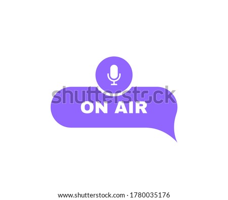 Podcast geometric badge on air live. Message bubbles with microphone emblem. Concept of radio broadcasting or streaming. Logo design. Vector illustration.