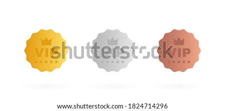 Set VIP badges in gold, silver and bronze color. Round label with three vip level. Modern vector illustration.