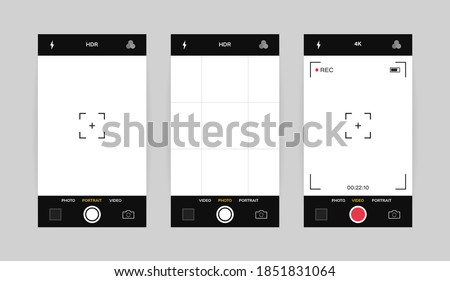 Phone camera interface vertical view. Mobile app application. Photo and video shooting. Vector illustration graphic design. Photo stock © 