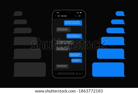 Messenger UI and UX Concept with dark interface. Smart Phone with messenger chat screen. Sms template bubbles for compose dialogues. Vector illustration.