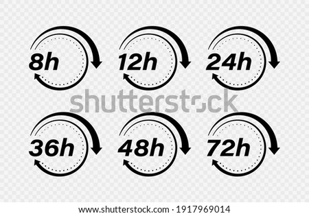 Collection 8, 12, 24, 36, 48 and 72 hours clock arrow vector icons. Design for delivery service, order, business, Vector illustration.