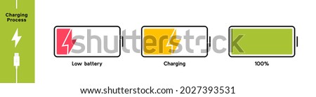 Battery charging process. Different Battery charge level. Discharged, charging and fully charged battery smartphone. Set of battery charge level indicators. Vector Illustration.
