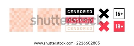 Set of pixel censored signs elements. Black and red censor bar concept. Blurred beige censorship background. Vector illustration.