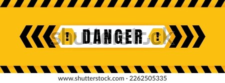 Danger badge placed on yellow background with black and yellow line striped. Attention label with exclamation mark on hexagon. Vector illustration.