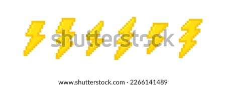 Set pixel lightning bolt. 8 bit pixel art thunderbolt, lightning strike. Vector illustration.