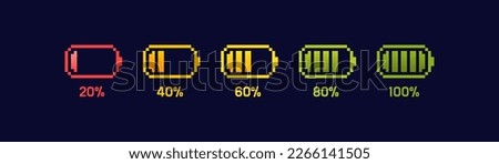 Battery charging process. Different Battery charge level. Set of pixel battery charge level indicators. 8-bit pixel art. Vector Illustration.