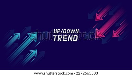 Up and down trend with arrows isolated on dark background. Stock exchange concept. Trader profit and loss. Vector illustration.