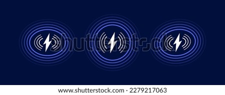 Wireless charger logo set with waves. Fast wireless charging technology. Wireless charger sign with lightning and waves. Inductive dock station for charging different devices. Vector illustration.
