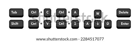 Different computer keyboard buttons combinations. Hotkeys combination such as copy, paste, selection, cancellation and delete. Vector illustration.