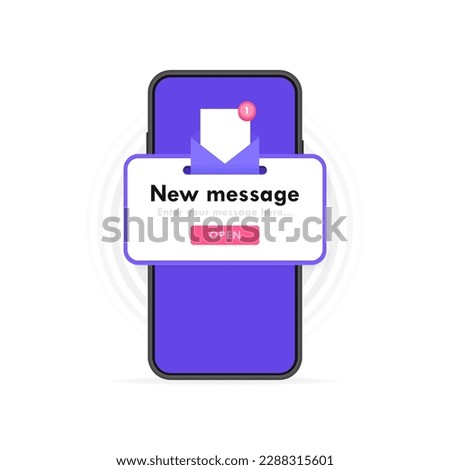 New message notification pop up box with open envelope on phone screen. Pop up email design for chatting, emailing and messaging. Modern flat style vector illustration.