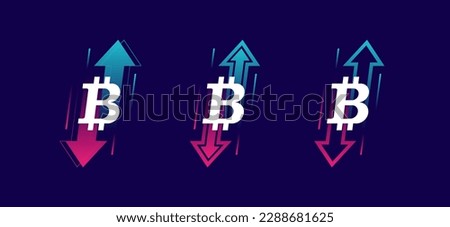 Up and down trend arrows with bitcoin sign isolated on dark background. Two arrows with different directions up and down. Concept of crypto trading, trader profit and loss, rise and fall.