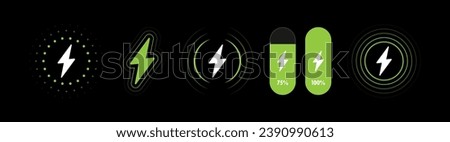 Logo set of wireless charger with waves and indicator of battery charging level. Fast wireless charging technology. Wireless charger sign with lightning and waves. Vector illustration.