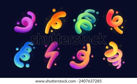 Set of abstract fluid curve in different shape. Gradient blend line with shiny and glowing effect. Creative design elements for cover, mockup, banner, poster and background. Vector illustration.