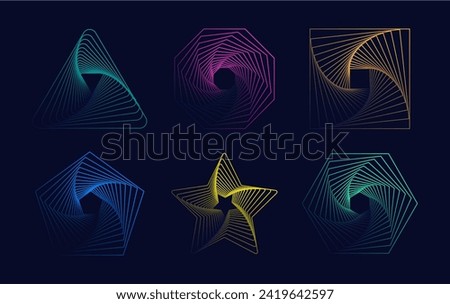 Set of abstract twisted gradient spirals. Twisted wireframe tunnel with lines in the form of a triangle, square, pentagon, hexagon, octagon and star. Vector illustration.