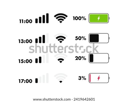 Phone life bar status. Mobile indicator of time, wifi signal, level of mobile communication and battery level of charge. Icons for UI, UX design. Vector illustration.