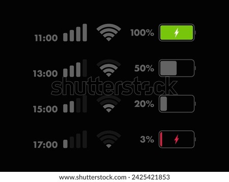 Phone life bar status. Mobile indicator of time, wifi signal, level of mobile communication and battery level of charge. Icons for UI, UX design. Vector illustration.