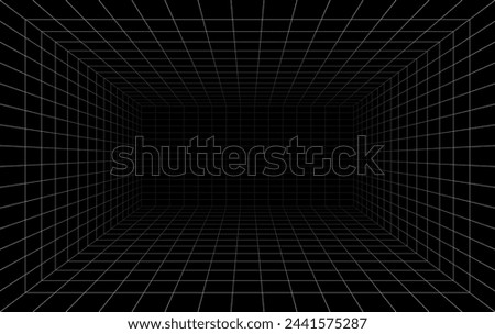 Futuristic perspective grid box. Abstract wireframe with white grid line on black background. Virtual reality landscape in 80s 90s digital style. Vector illustration.
